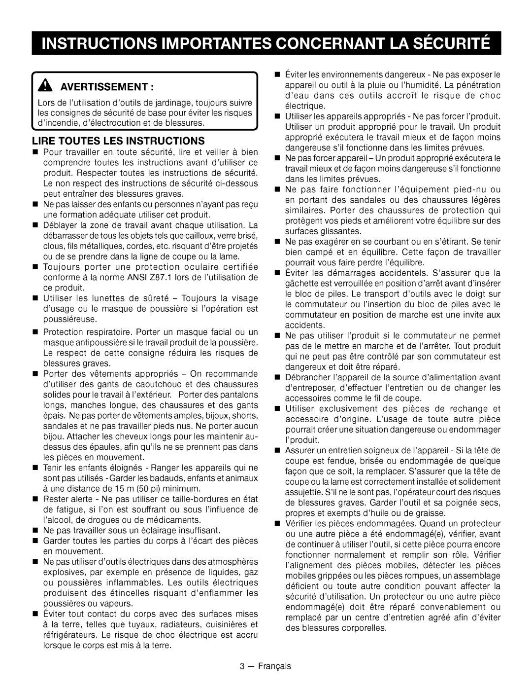 Ryobi RY24200 Instructions Importantes Concernant LA Sécurité, Avertissement , Lire toutes les instructions 